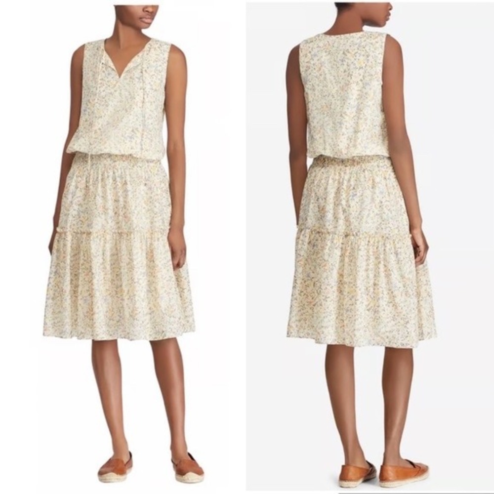 LRL Lightweight Cotton Sleeveless Floral Cream Midi Dress Womens Size 14P Petite
